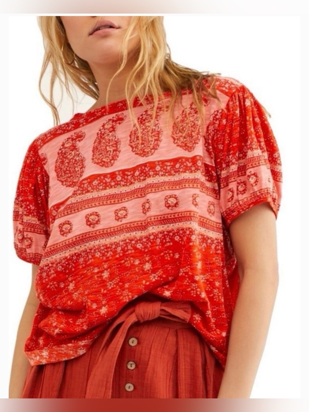 Free People Paisley Puff Sleeve T Shirt in Red Fruit Punch Combo XS